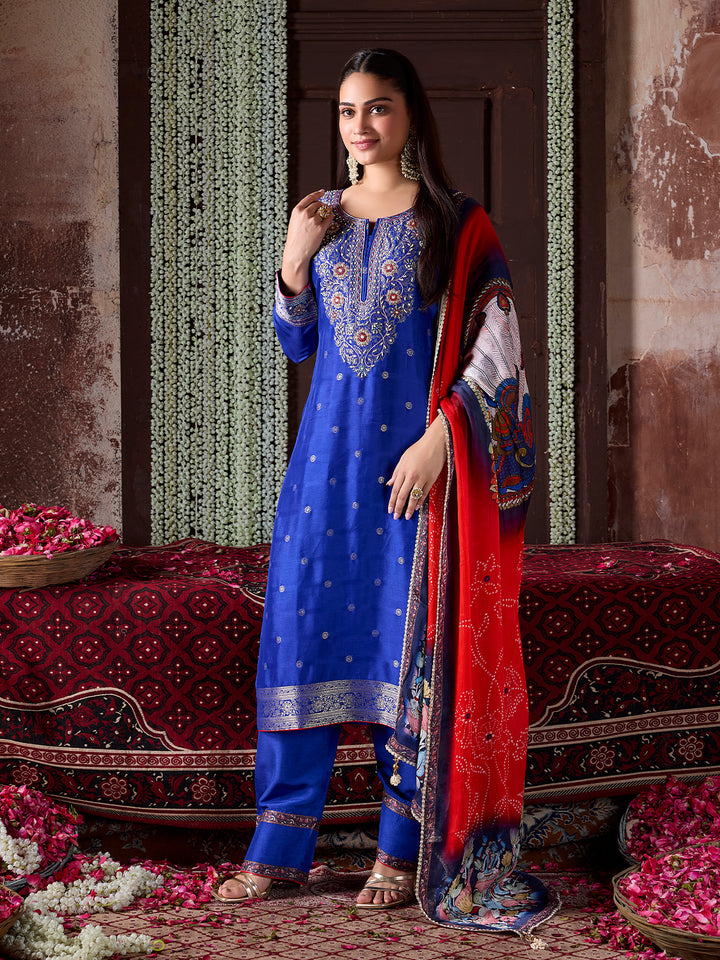 Royal Blue Jacquard Silk Farsi Set with Dupatta
