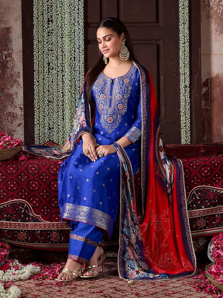 Royal Blue Jacquard Silk Farsi Set with Dupatta