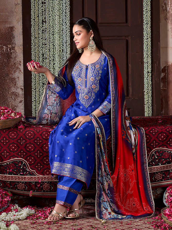 Royal Blue Jacquard Silk Farsi Set with Dupatta