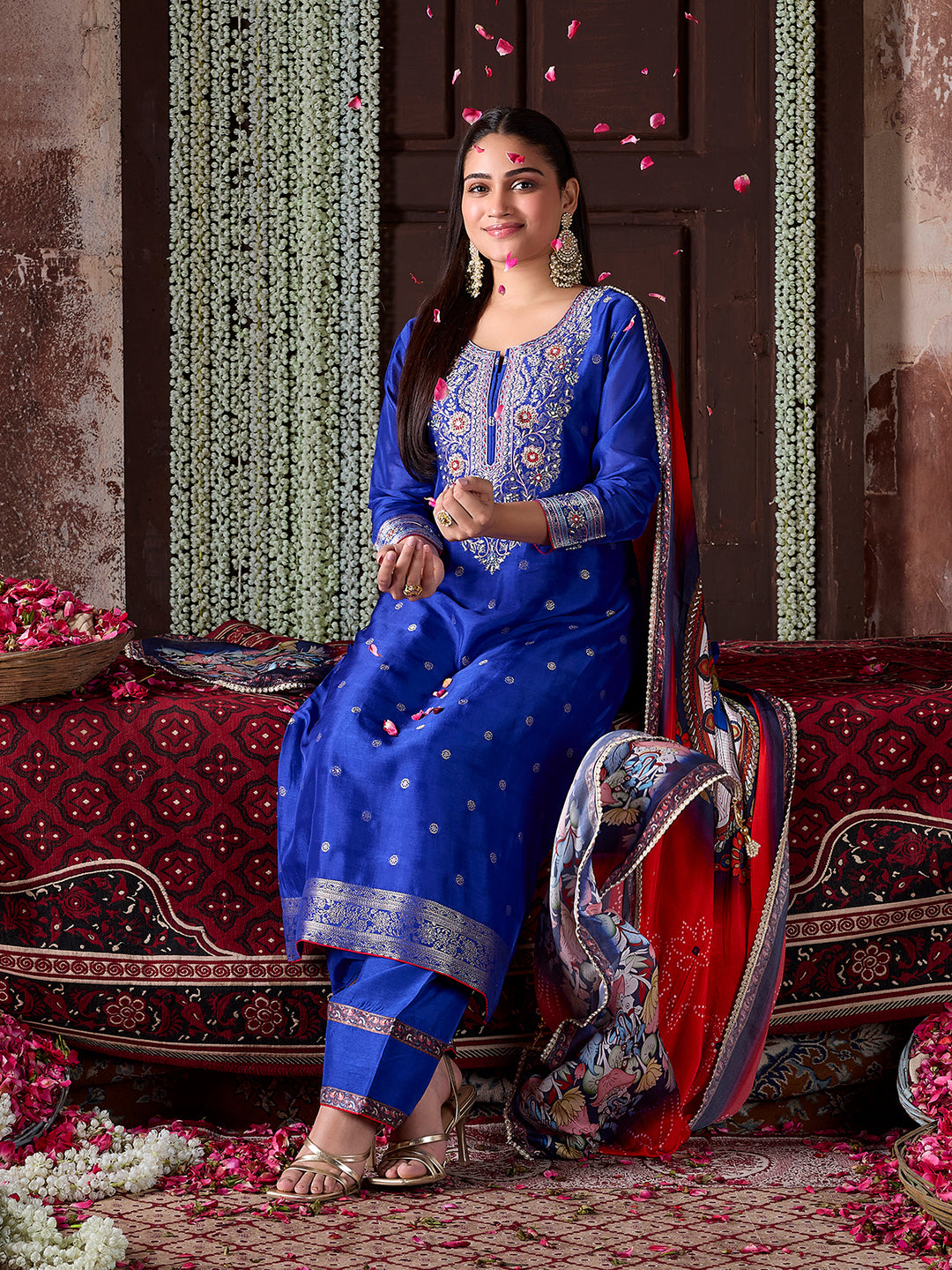 Royal Blue Jacquard Silk Farsi Set with Dupatta