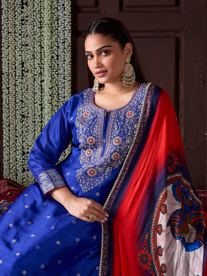 Royal Blue Jacquard Silk Farsi Set with Dupatta