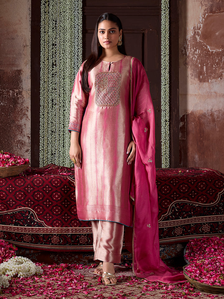 Rose Pink Jacquard Silk Suit Set with Dupatta
