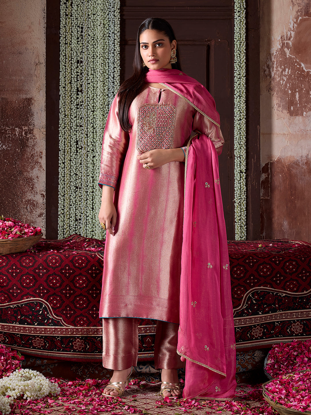 Rose Pink Jacquard Silk Suit Set with Dupatta