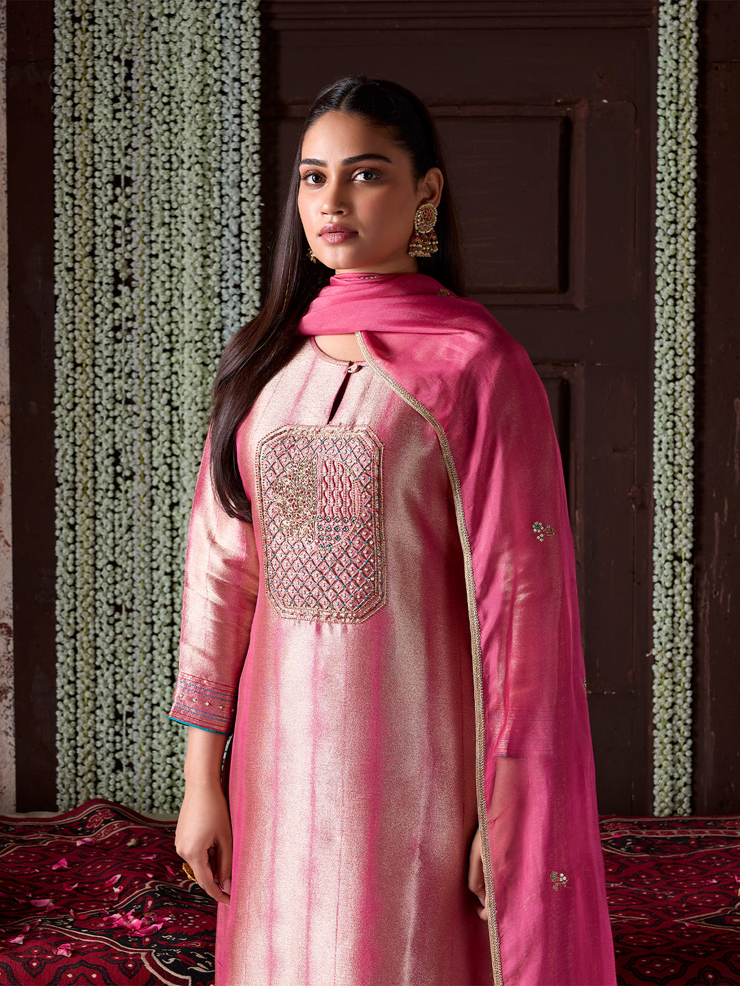 Rose Pink Jacquard Silk Suit Set with Dupatta