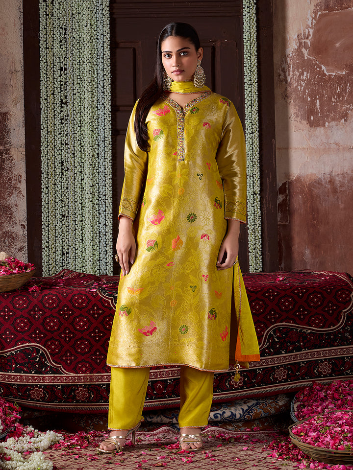 Yellow Jacquard Silk Suit Set with Dupatta