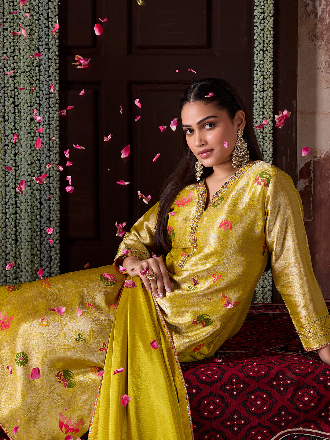 Yellow Jacquard Silk Suit Set with Dupatta