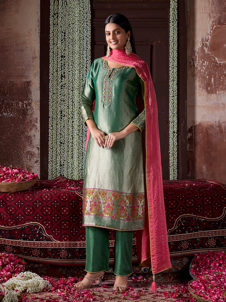 Emerald Green Tissue Jacquard Suit Set with Dupatta