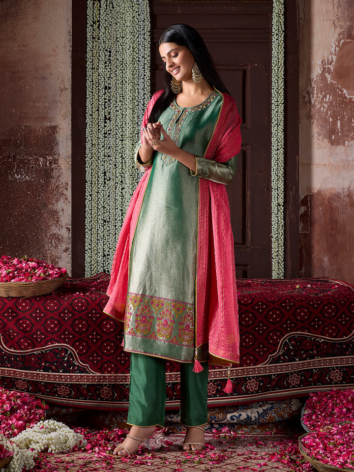 Emerald Green Tissue Jacquard Suit Set with Dupatta