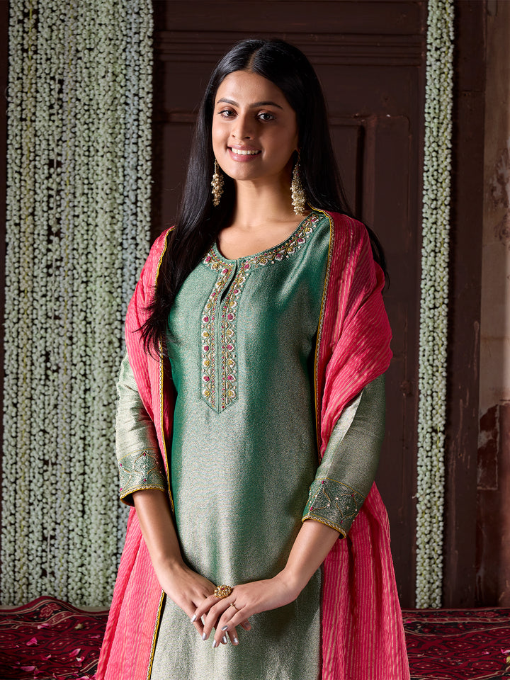 Emerald Green Tissue Jacquard Suit Set with Dupatta