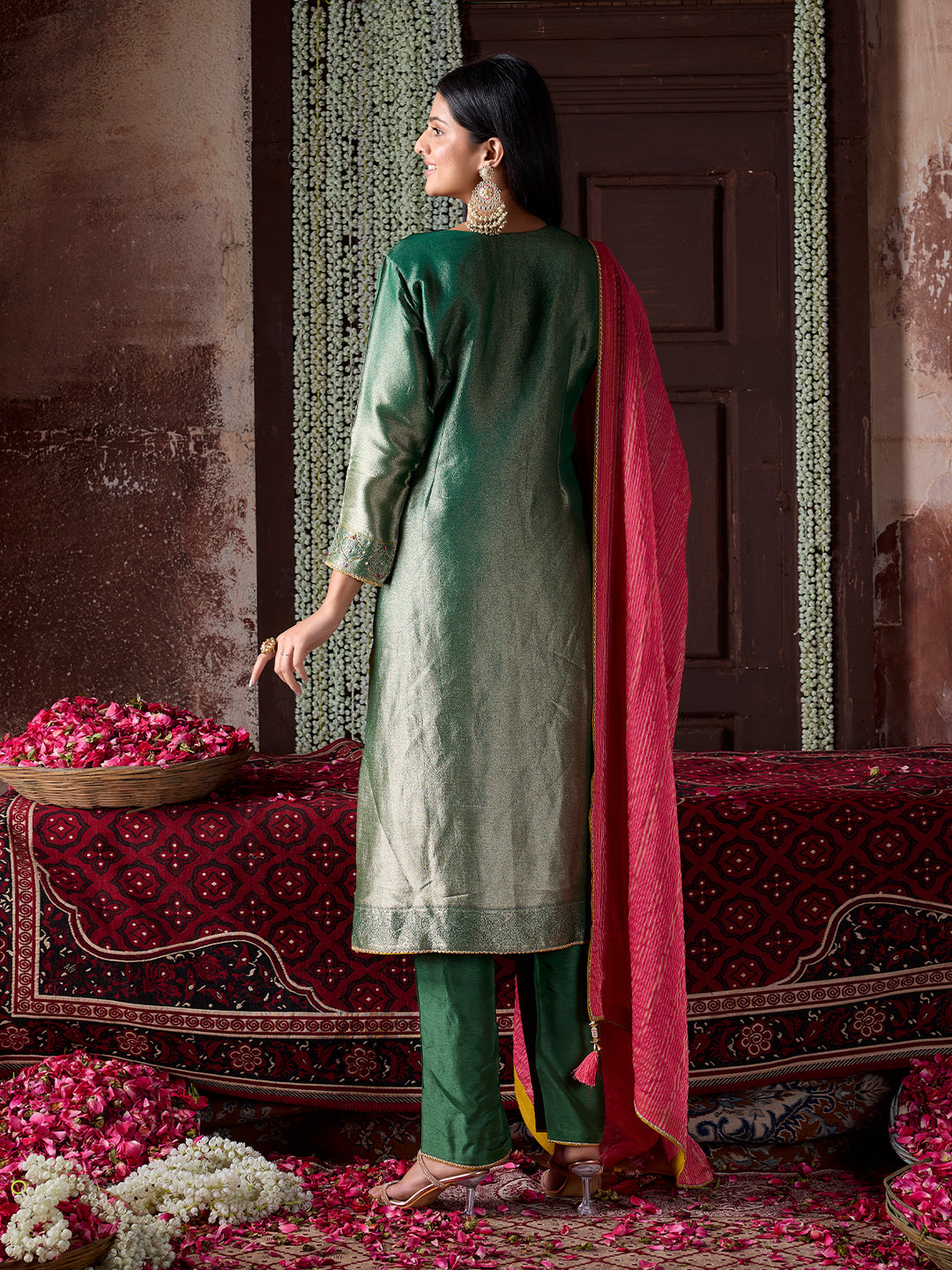 Emerald Green Tissue Jacquard Suit Set with Dupatta