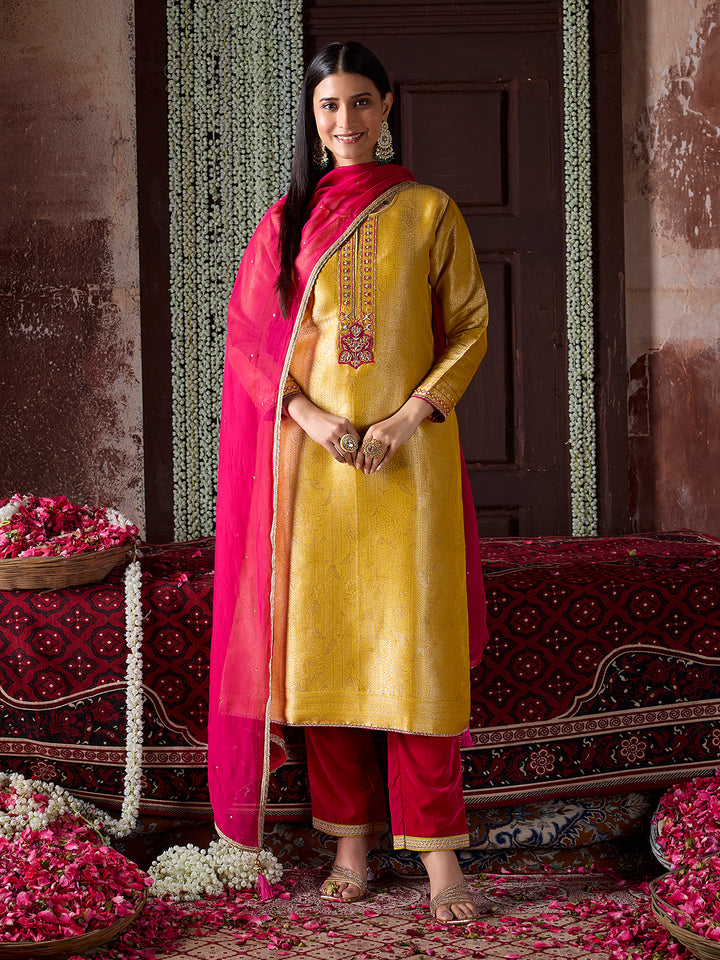 Yellow Jacquard Silk Suit Set with Dupatta