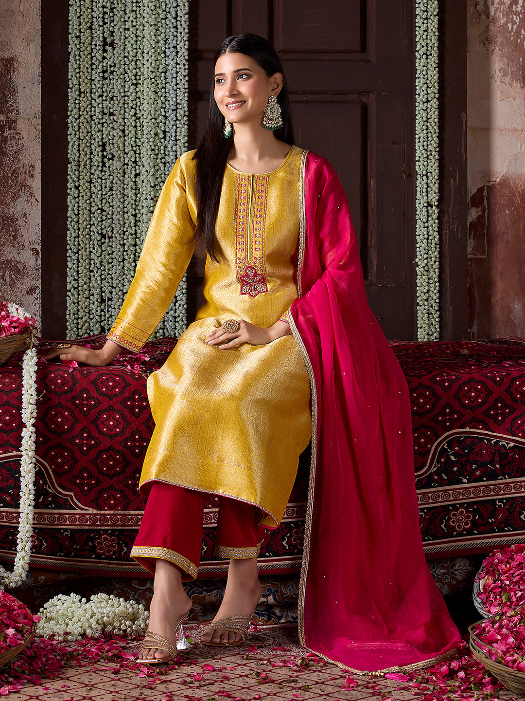Yellow Jacquard Silk Suit Set with Dupatta