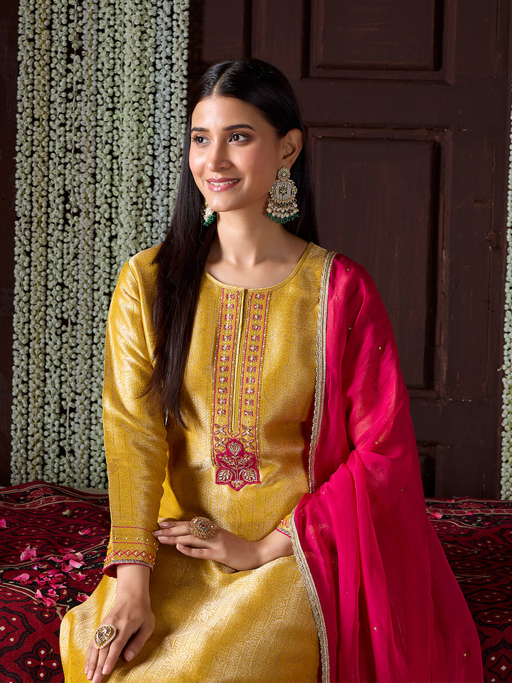 Yellow Jacquard Silk Suit Set with Dupatta