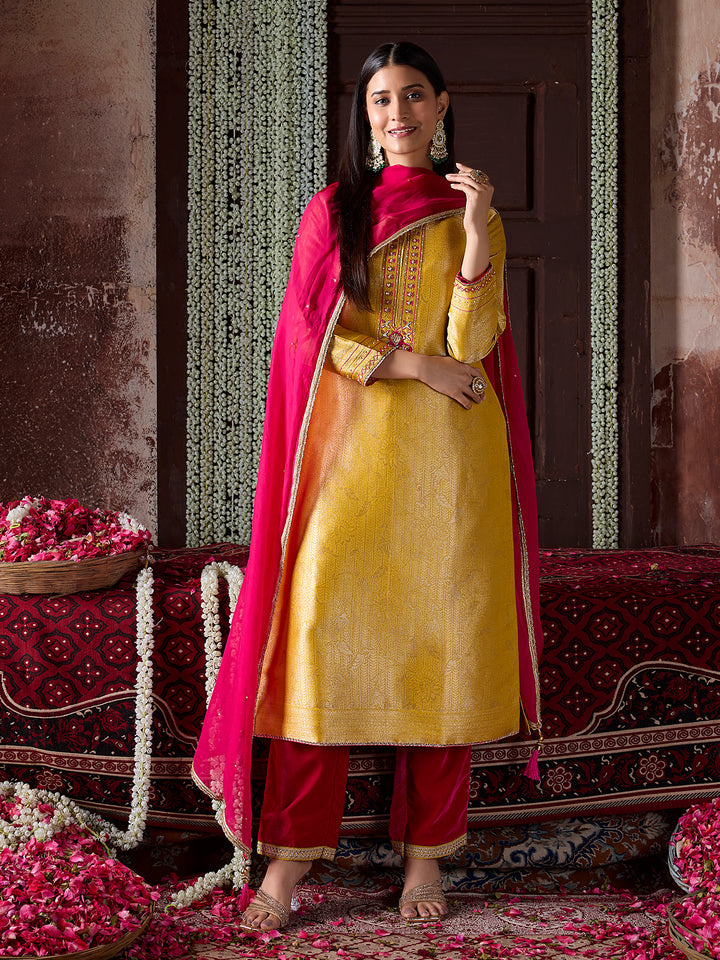 Yellow Jacquard Silk Suit Set with Dupatta