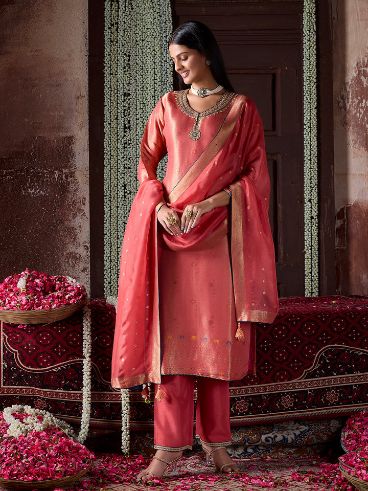 Peach Tissue Jacquard Silk Suit Set with Dupatta