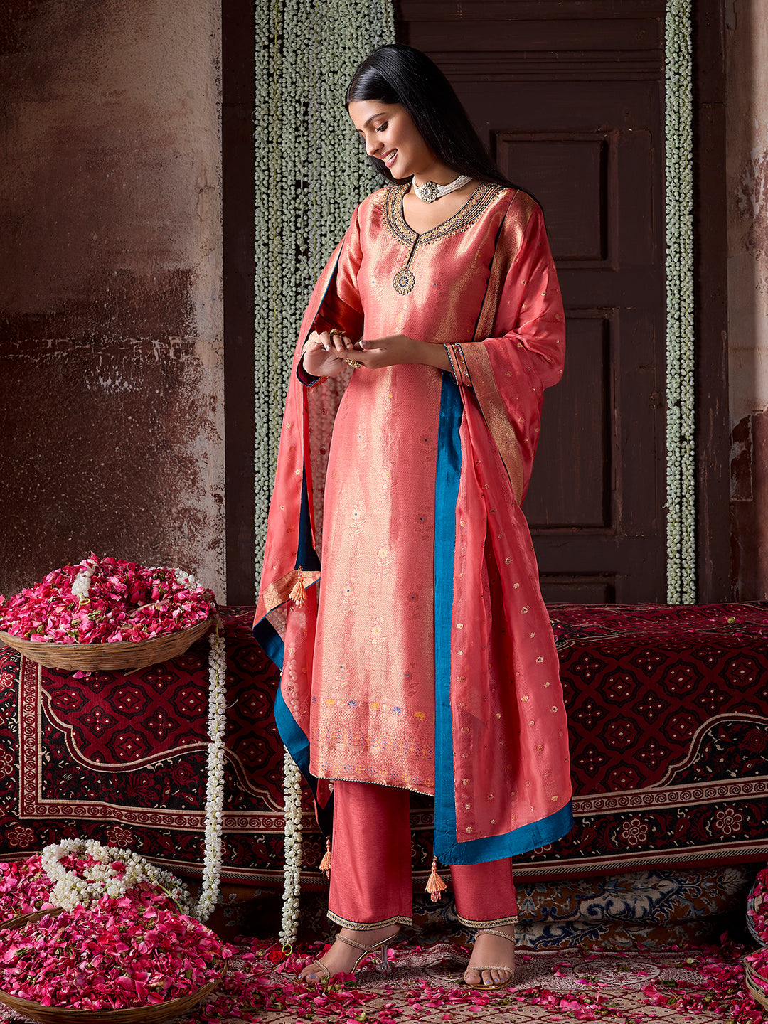 Peach Tissue Jacquard Silk Suit Set with Dupatta