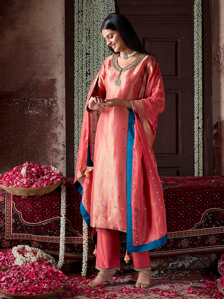 Peach Tissue Jacquard Silk Suit Set with Dupatta