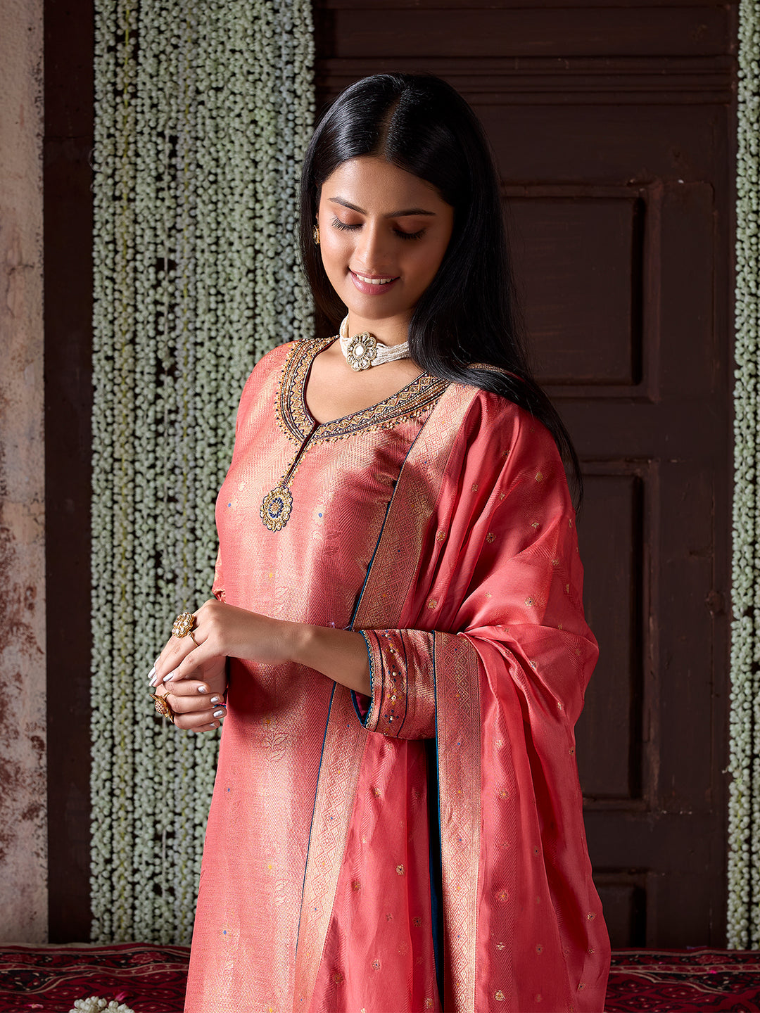 Peach Tissue Jacquard Silk Suit Set with Dupatta