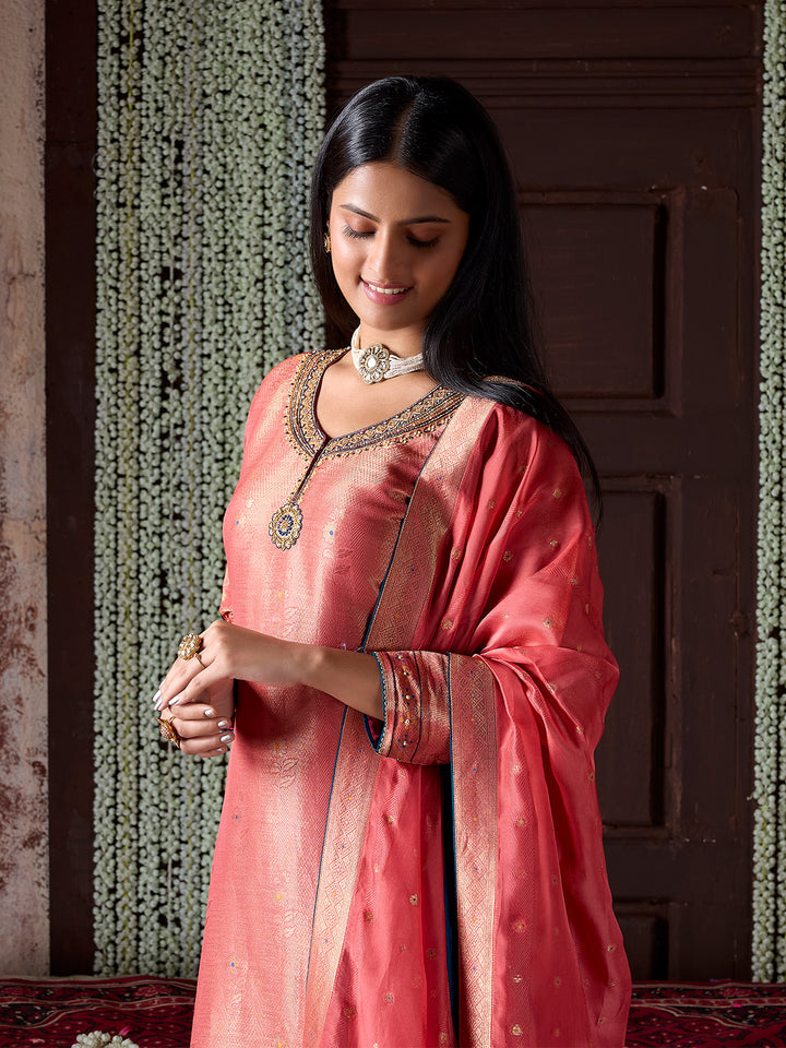 Peach Tissue Jacquard Silk Suit Set with Dupatta