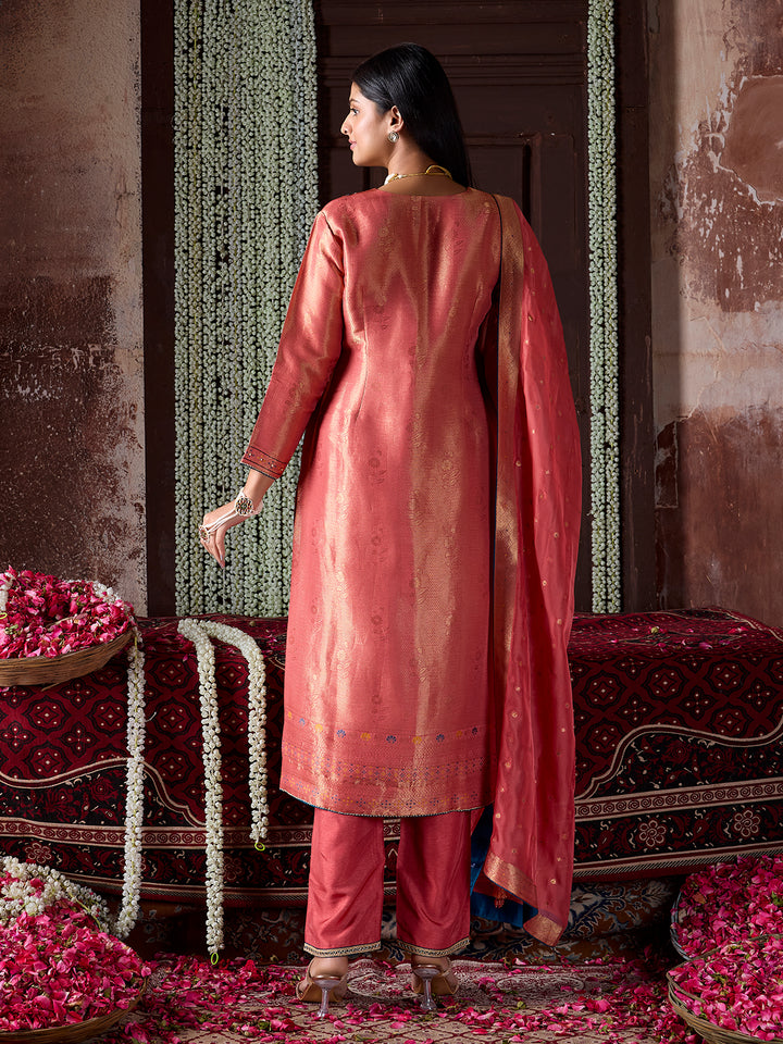 Peach Tissue Jacquard Silk Suit Set with Dupatta