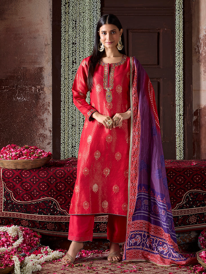 Crimson Red Tissue Jacquard Silk Suit Set with Dupatta
