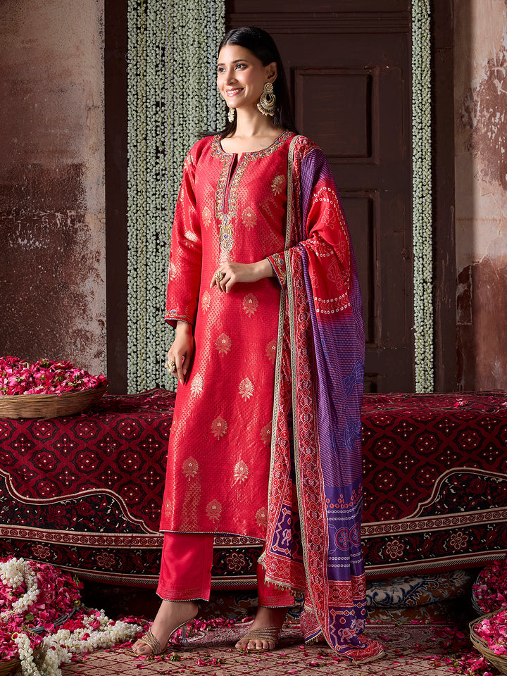 Crimson Red Tissue Jacquard Silk Suit Set with Dupatta