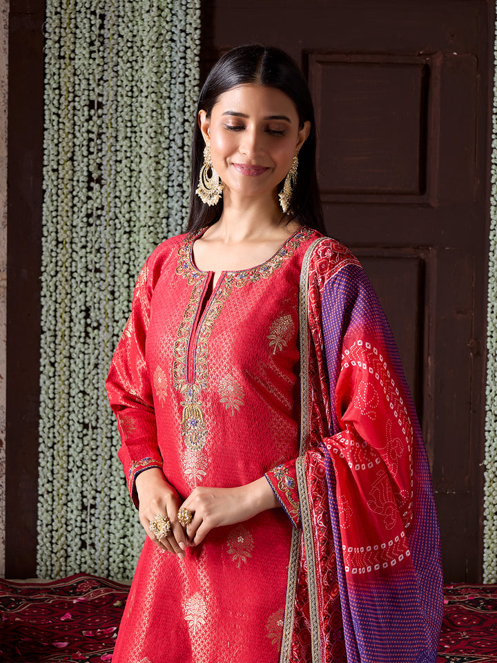 Crimson Red Tissue Jacquard Silk Suit Set with Dupatta