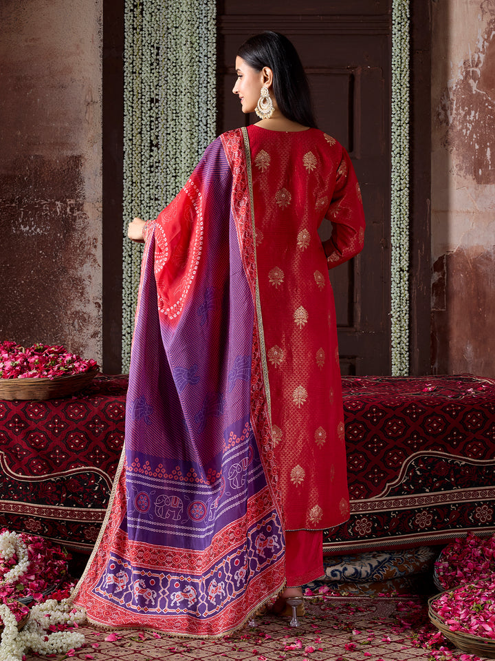 Crimson Red Tissue Jacquard Silk Suit Set with Dupatta