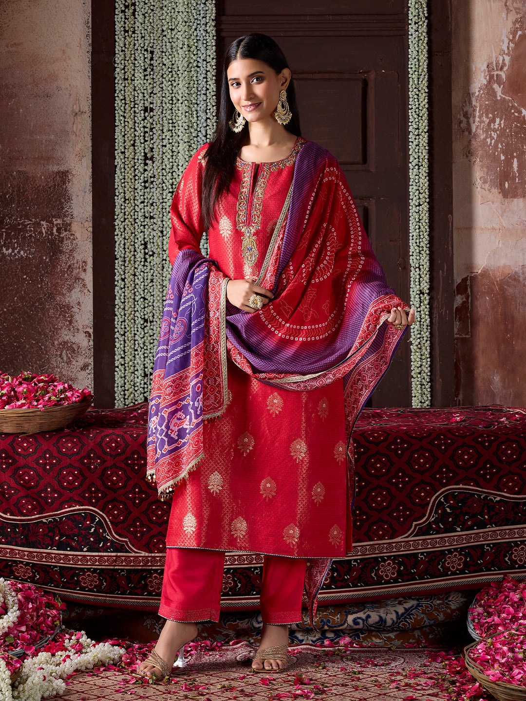 Crimson Red Tissue Jacquard Silk Suit Set with Dupatta