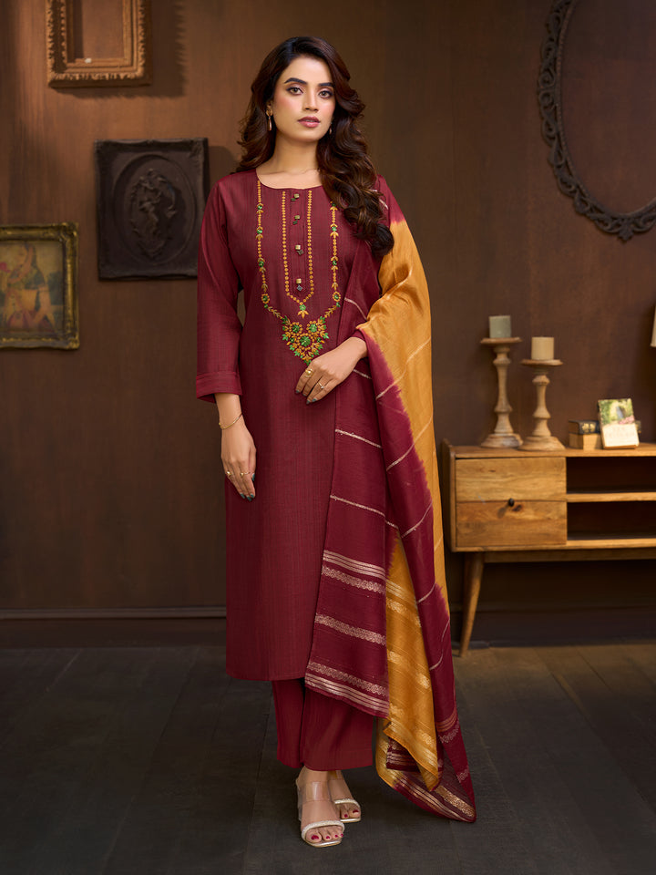 Maroon Embroidered Suit Set with Dupatta