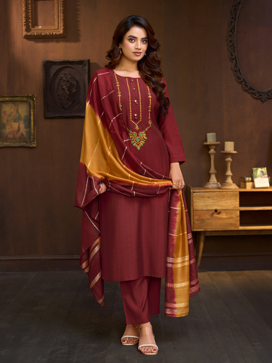 Maroon Embroidered Suit Set with Dupatta
