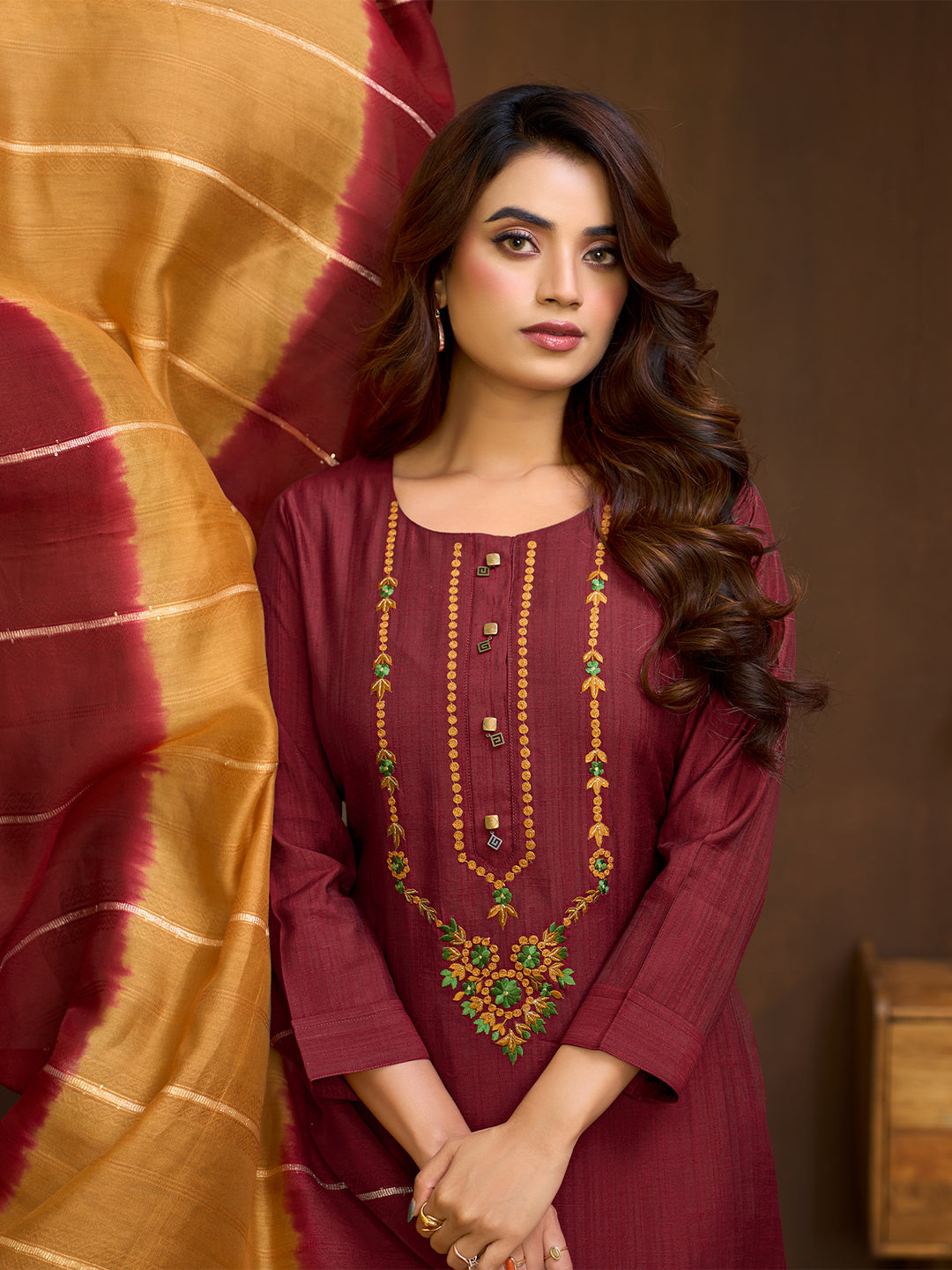 Maroon Embroidered Suit Set with Dupatta
