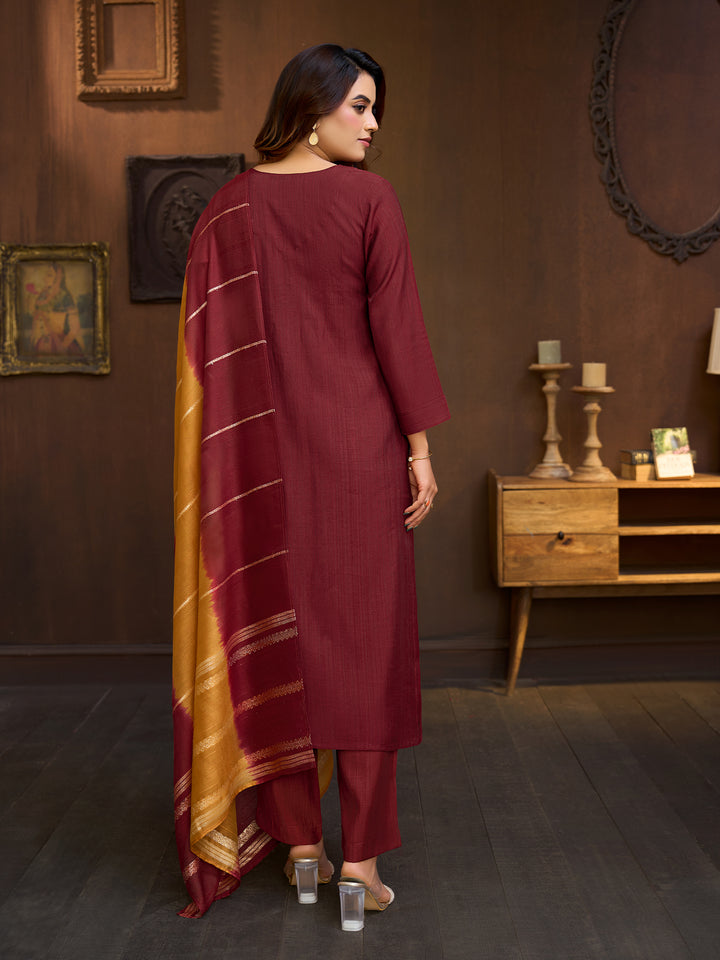 Maroon Embroidered Suit Set with Dupatta