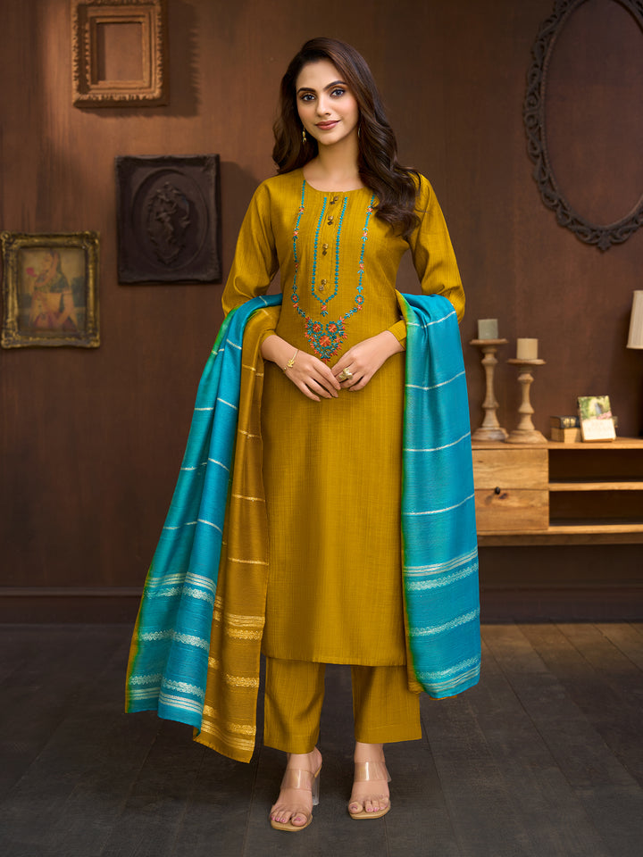Mustard Embroidered Suit Set with Dupatta
