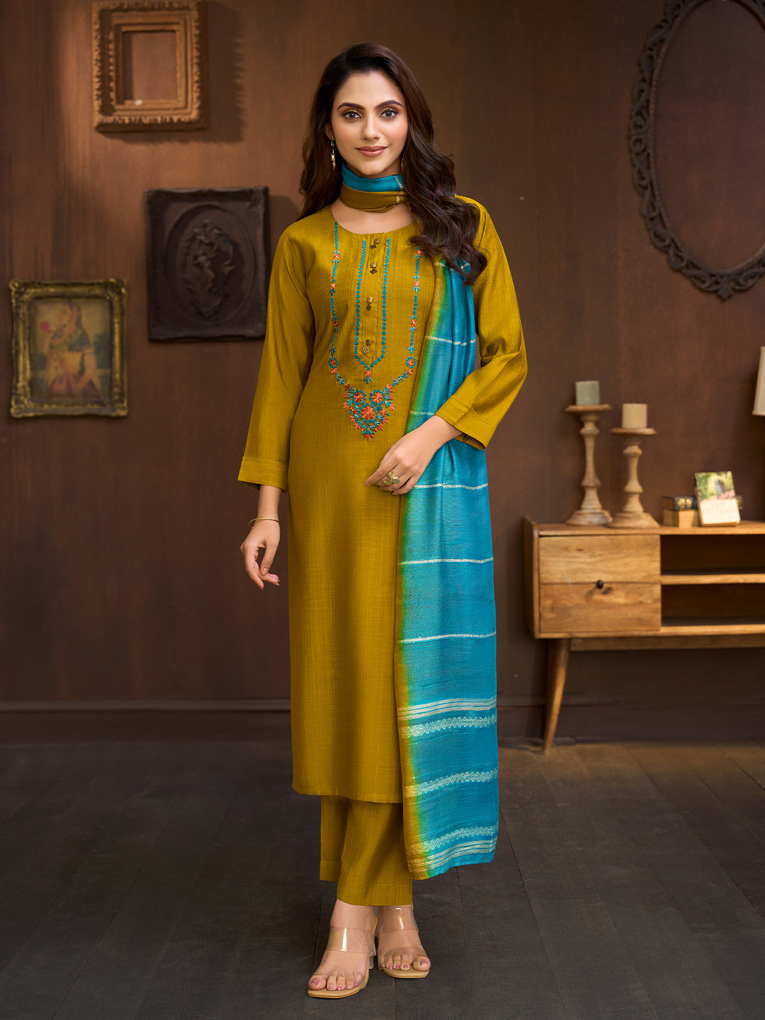 Mustard Embroidered Suit Set with Dupatta