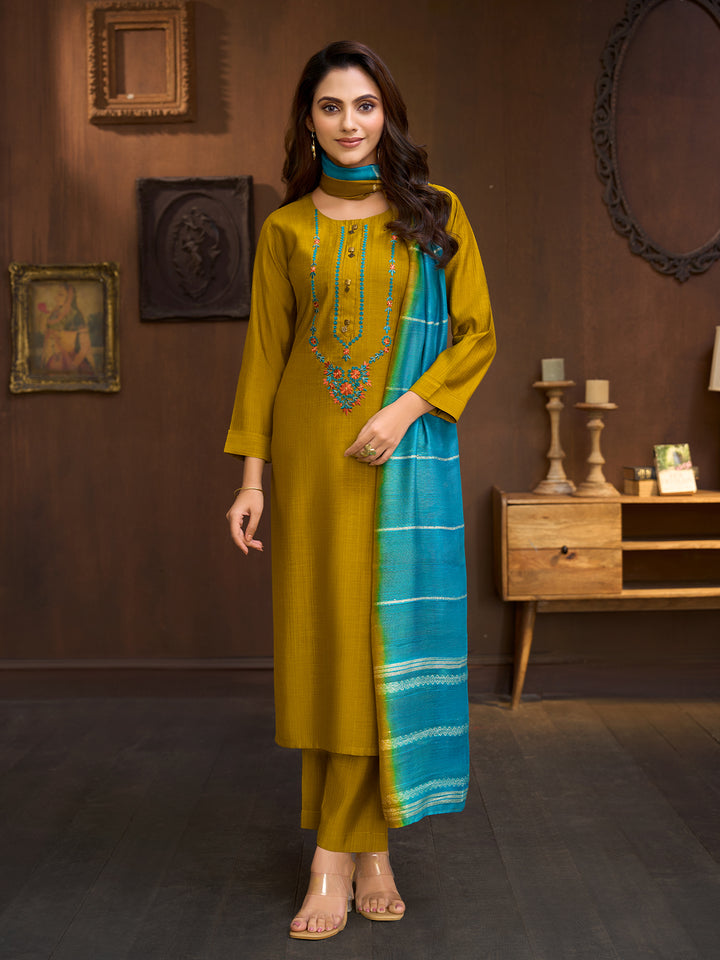 Mustard Embroidered Suit Set with Dupatta