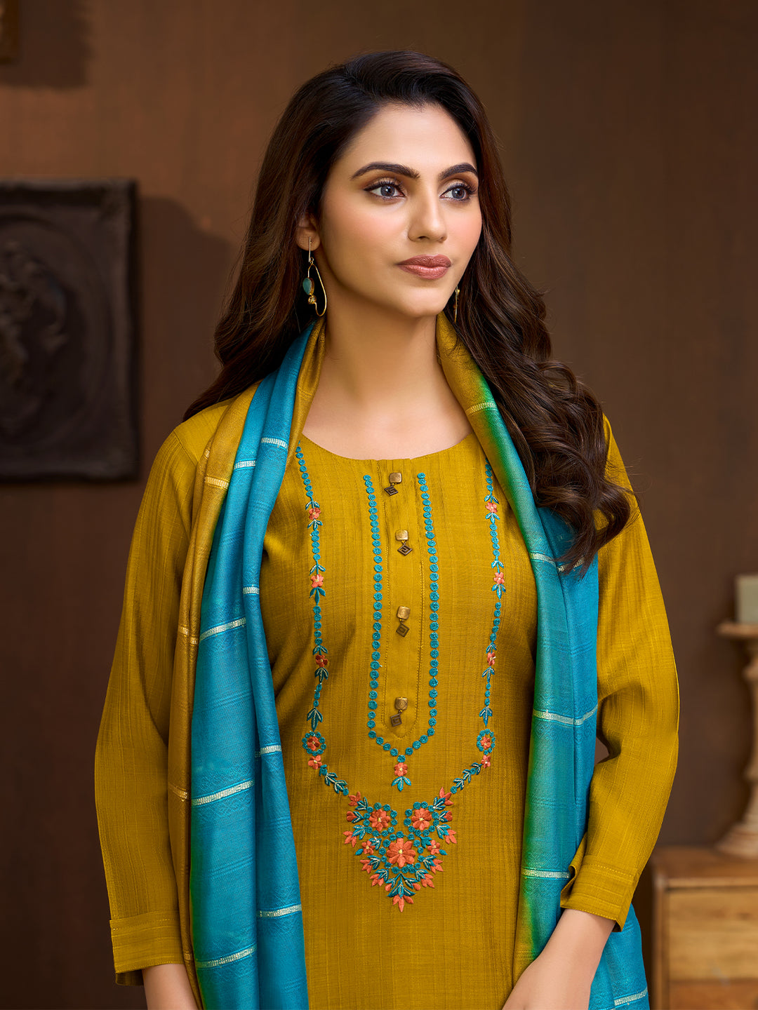Mustard Embroidered Suit Set with Dupatta
