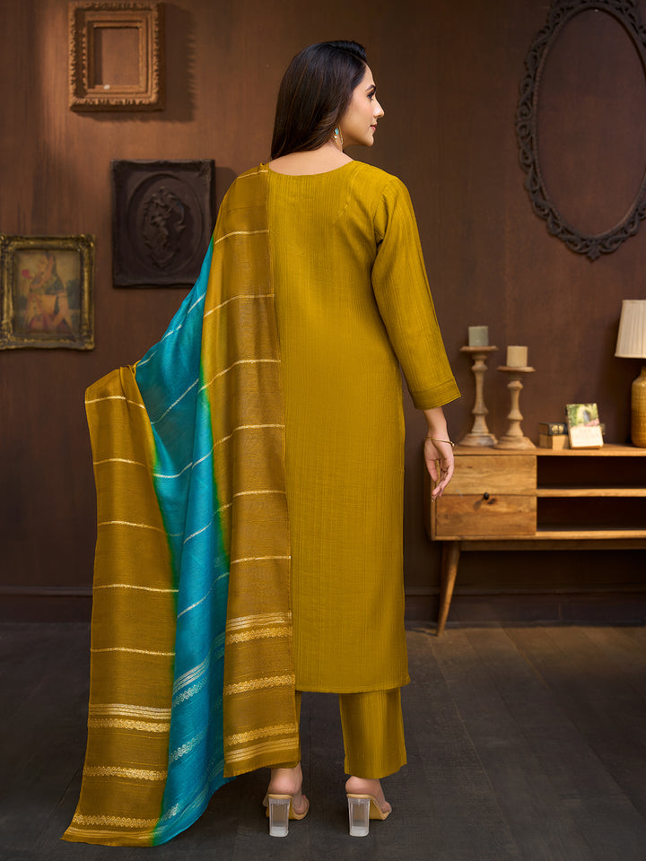Mustard Embroidered Suit Set with Dupatta