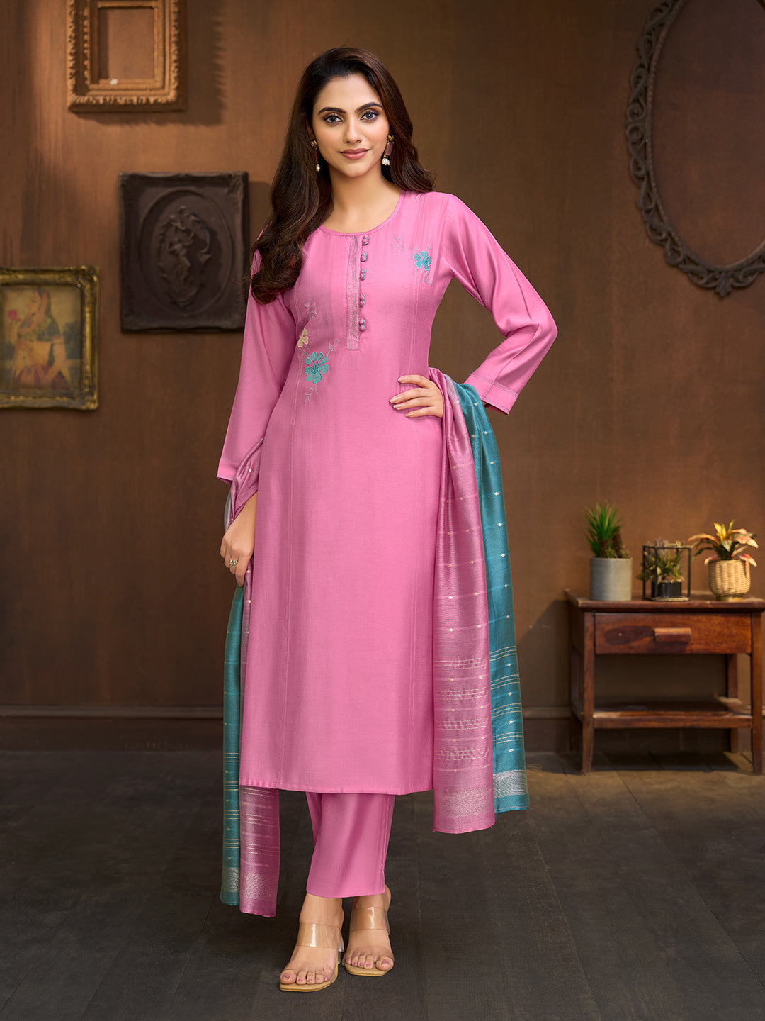 Pink Embroidered Suit Set with Dupatta