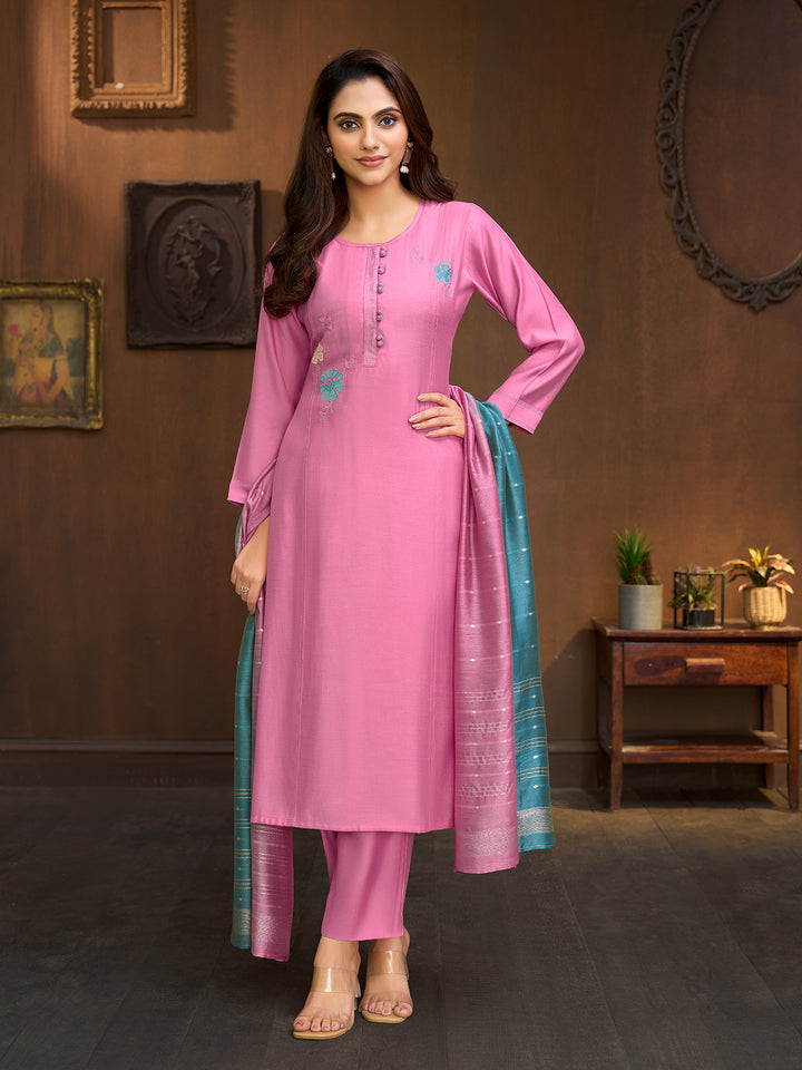 Pink Embroidered Suit Set with Dupatta