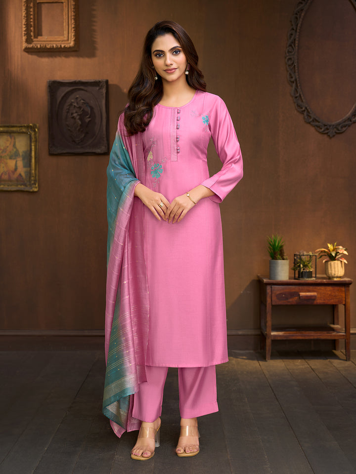 Pink Embroidered Suit Set with Dupatta