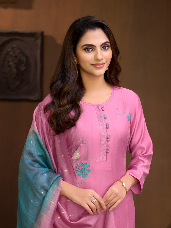 Pink Embroidered Suit Set with Dupatta