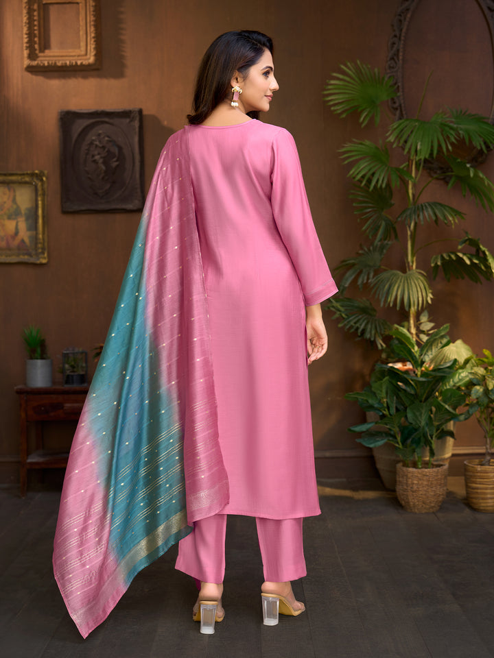Pink Embroidered Suit Set with Dupatta