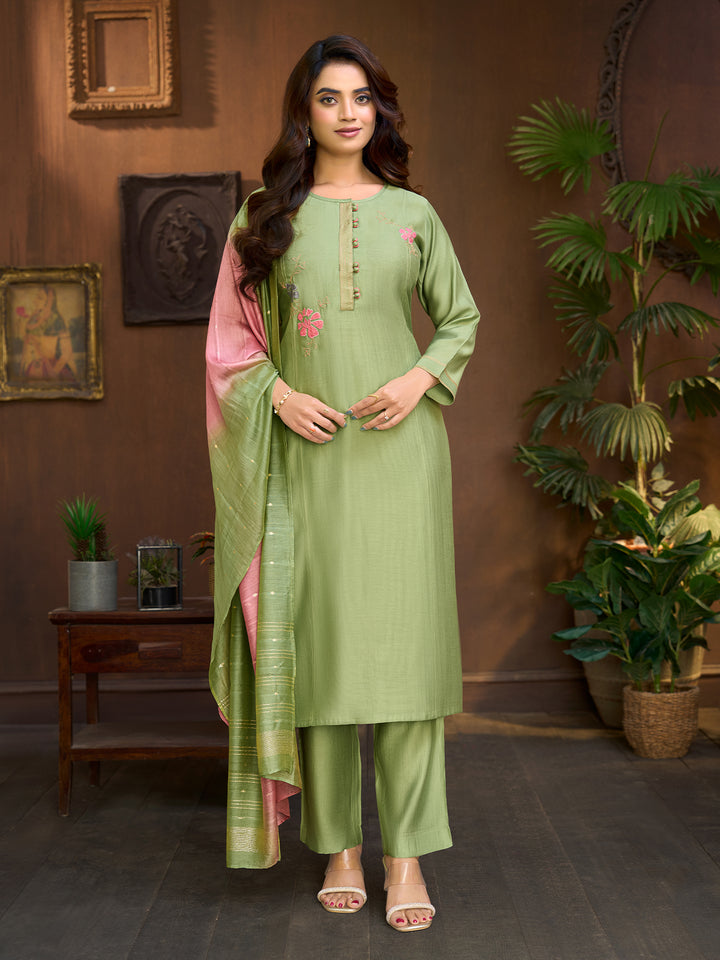 Sage Pista Embroidered Suit Set with Dupatta