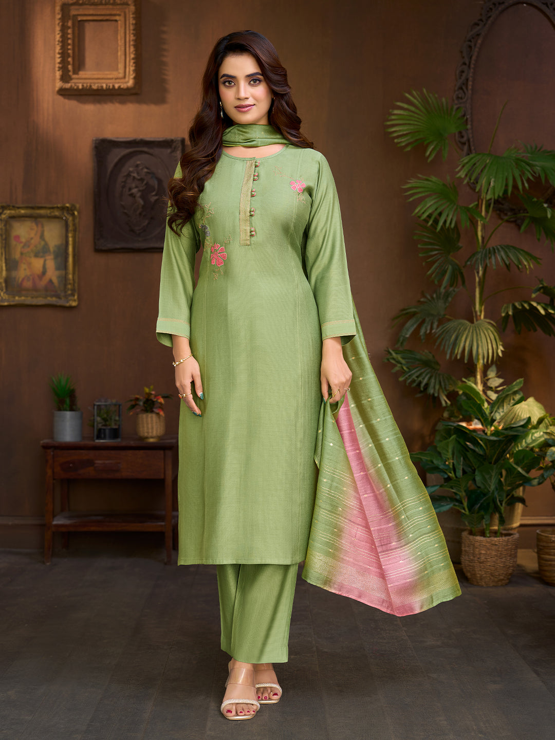 Sage Pista Embroidered Suit Set with Dupatta
