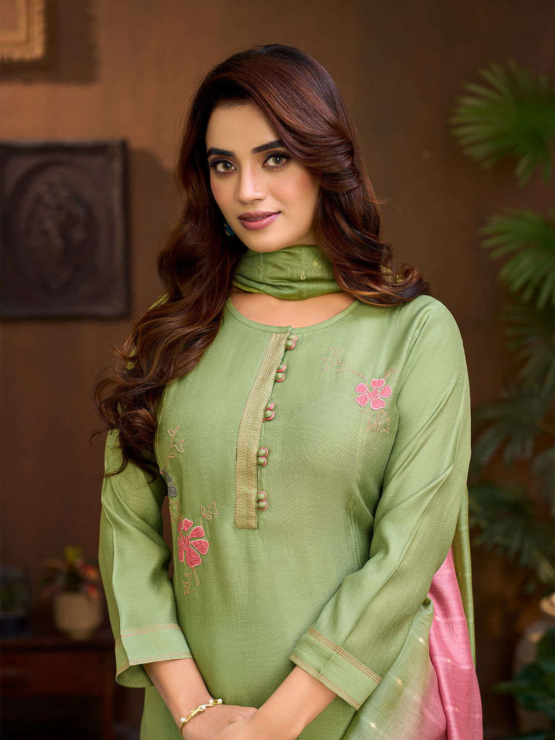 Sage Pista Embroidered Suit Set with Dupatta