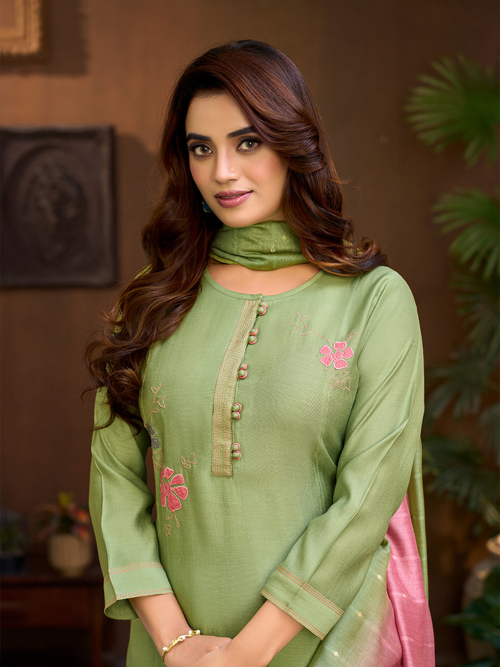 Sage Pista Embroidered Suit Set with Dupatta