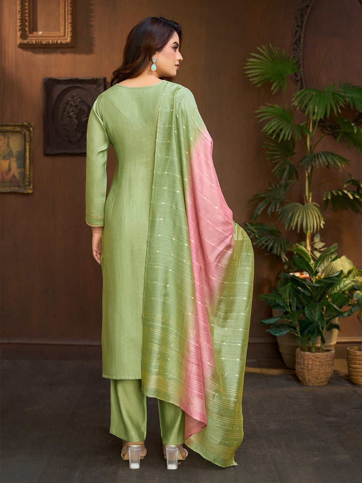 Sage Pista Embroidered Suit Set with Dupatta