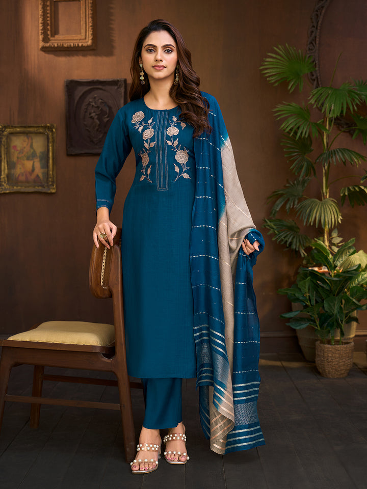 Deep Blue Embroidered Suit Set with Dupatta