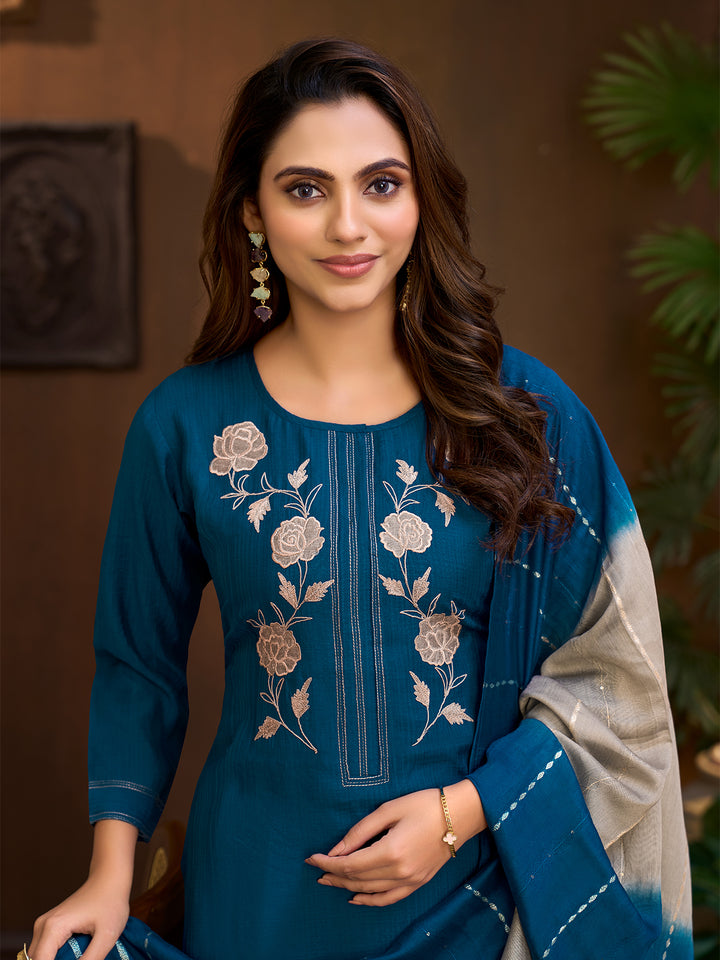 Deep Blue Embroidered Suit Set with Dupatta